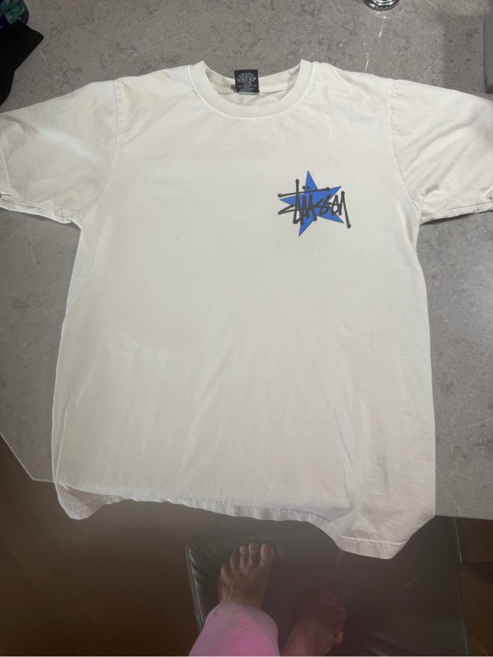 Stussy White Short Sleeve Tee with Blue Star Logo